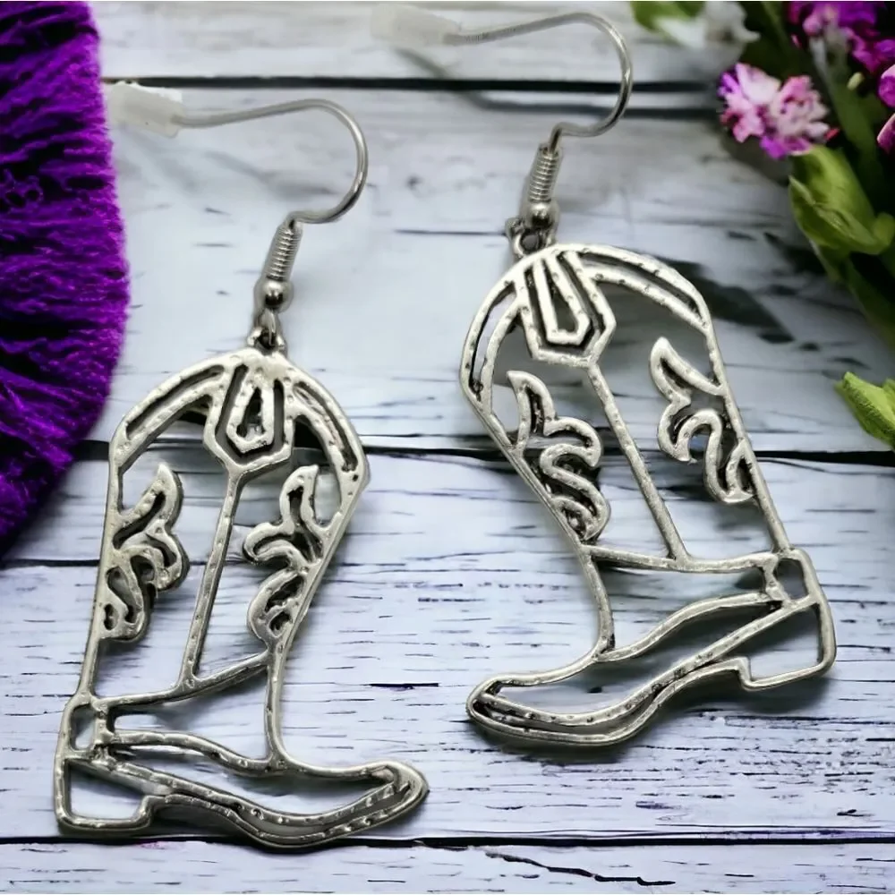 Silver Cowboy Boot Earrings Western Cowgirl Nashville Jewelry Rodeo Honky Tonk